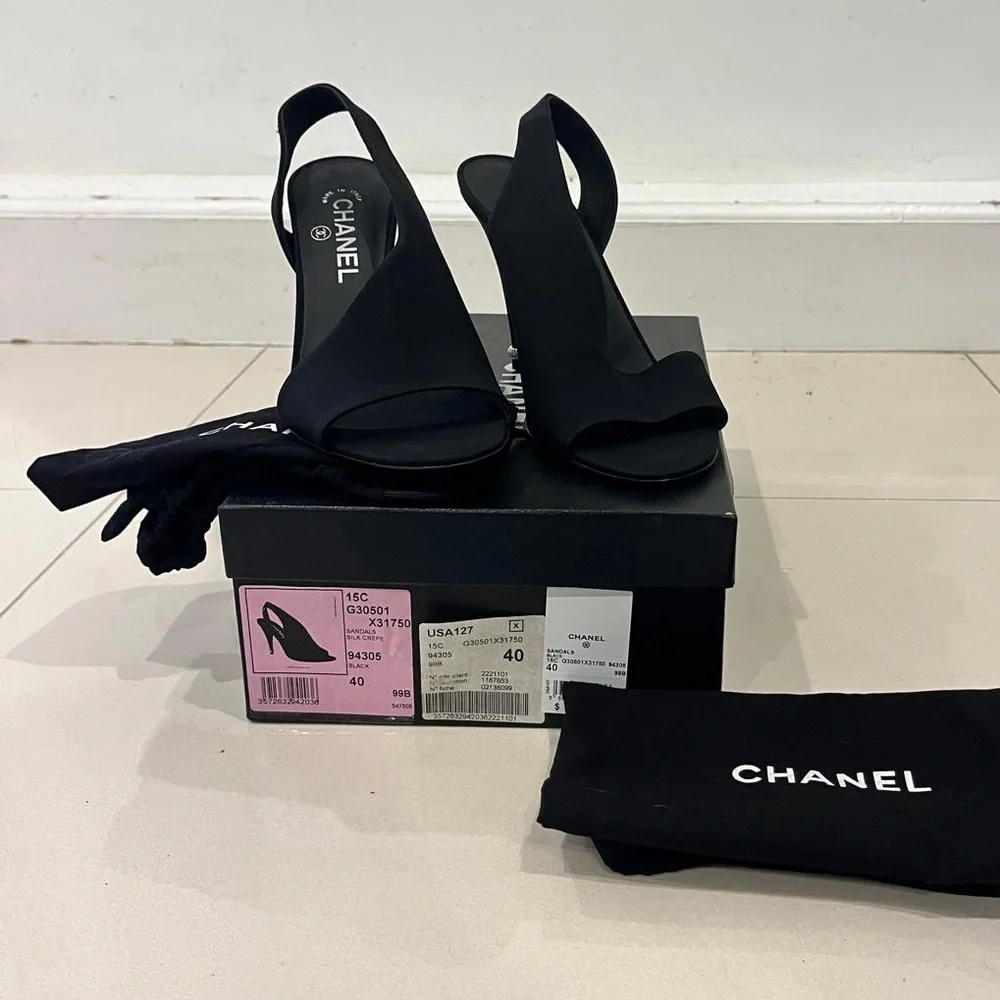 CHANEL Black Satin Slingback Peep-Toe Heels with Crystal CC Accent